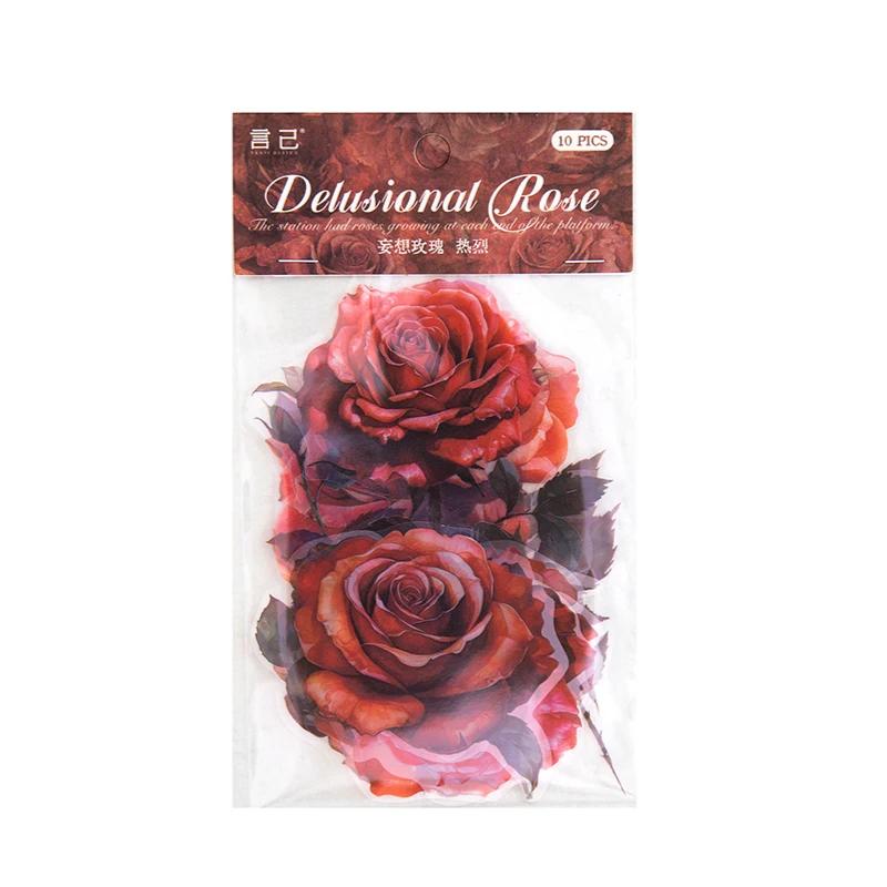 Journamm 10pcs/pack Rose Theme PET Stickers Flowers Stickers DIY Scrapbooking Collage Diary Aesthetics Decor Sticker Stationery