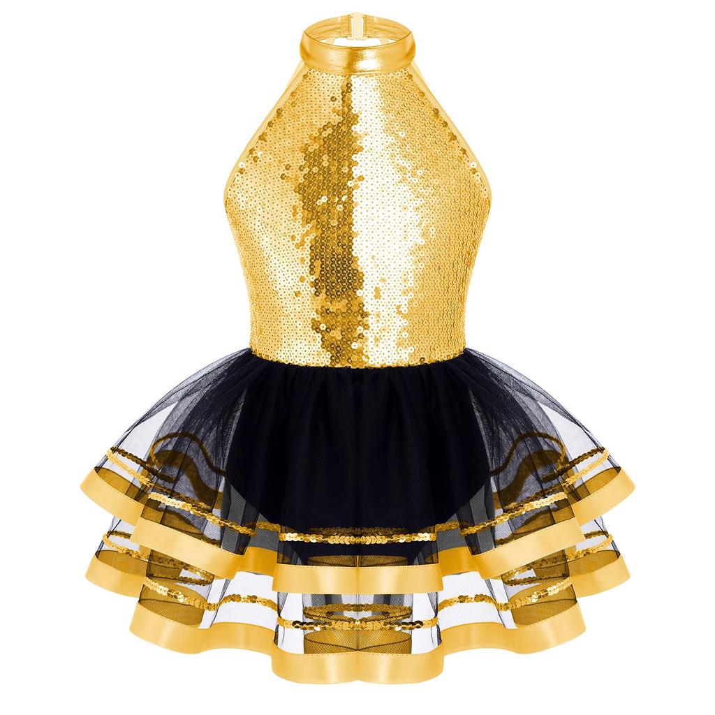 Kids Girls Sequins Halter Ballet Dance Tutu Dress Gymnastics Modern Latin Jazz Dancing Costume