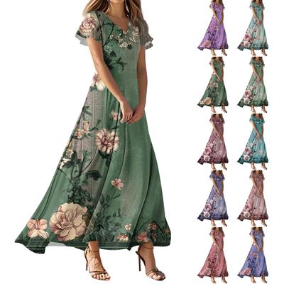 Женское повседневное платье с V-образным вырезом, коротким рукавом, высокой талией и принтом в виде цветов и листьев в стиле ретро