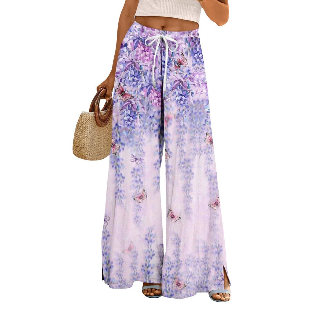 Women Summer Boho Palazzo Pants High Waist Wide Leg Floral Printing Casual Trousers With Pockets