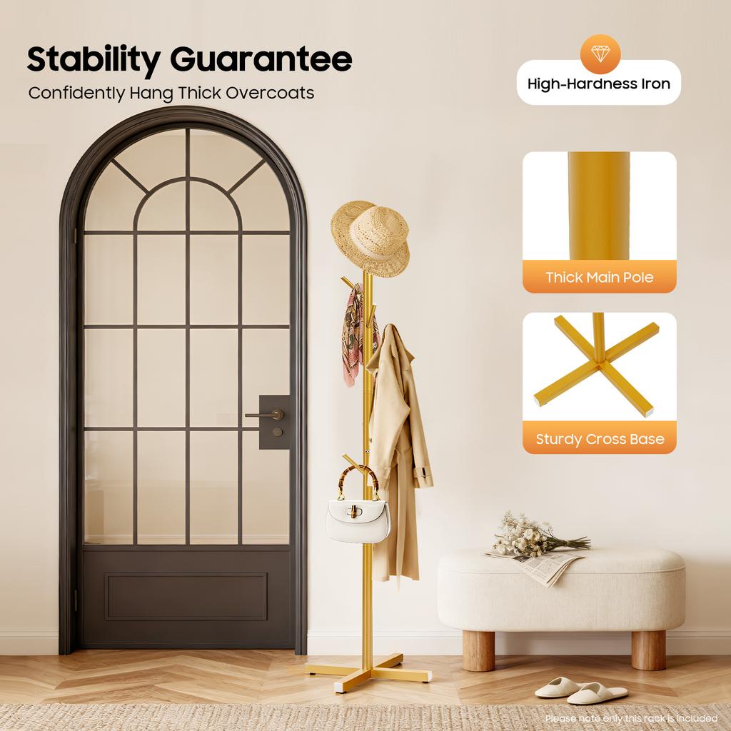 Золотая Дерево Вешалка Стойка, 7-крючковый Железный Органайзер для Прихожей для Шляп Сумок, Современная Свободно Стоящая Стойка для Одежды и Шляп