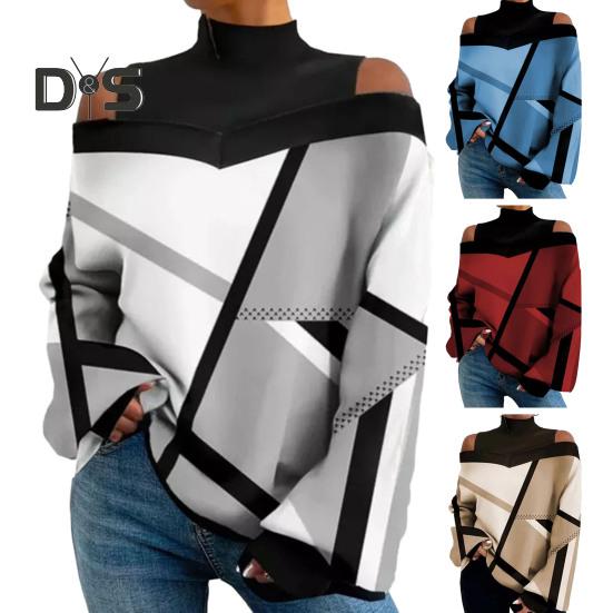Women Fall Spring Top Hollow Out Off Shoulder Color Matching Geometric Print Long Sleeves Loose High Collar Pullover Lady Mid Length T Shirt Blouse
