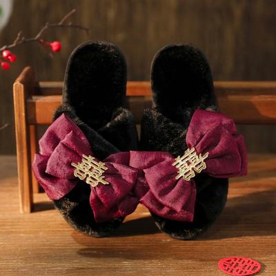 Модные новые зимние женские домашние тапочки с красным бантом Happy Word Decoration из пушистого хлопка