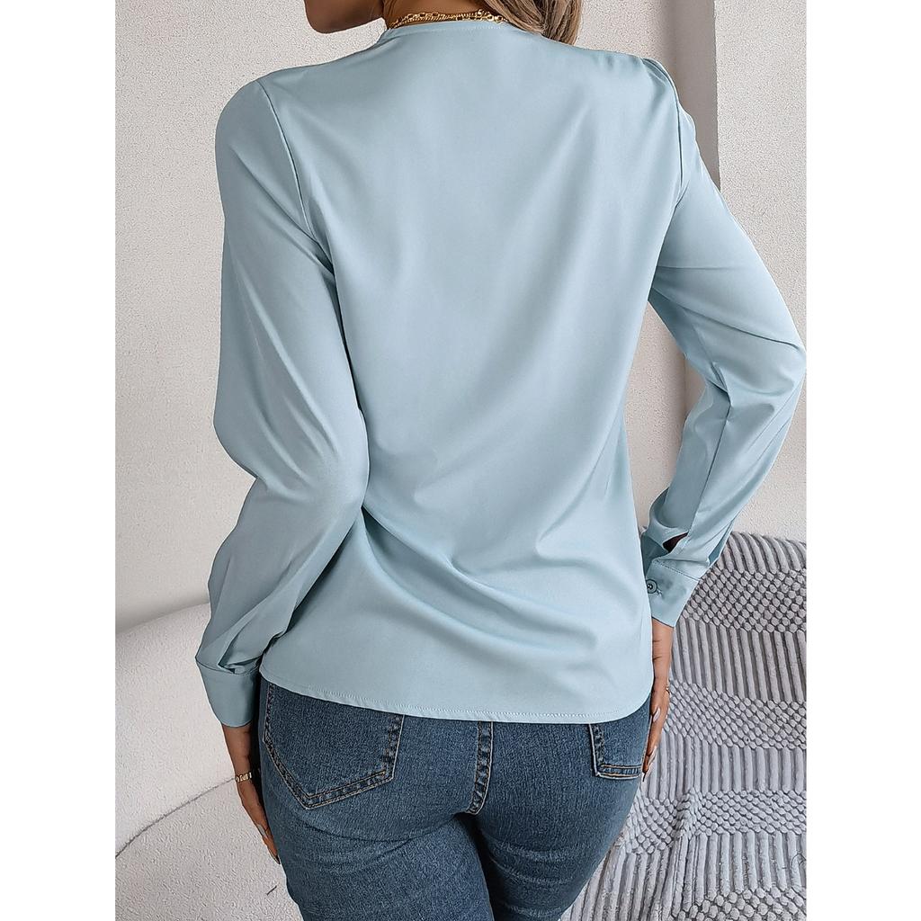 GMXIA Elegant Solid-color Layered V-neck Long-sleeved Women's Shirt for Autumn and Winter