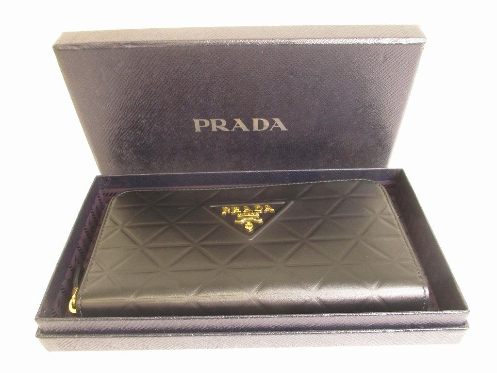 Authentic PRADA Triangel Black Leather Gold H/W Large Round Zip Long Wallet #b076  Seller refurbished