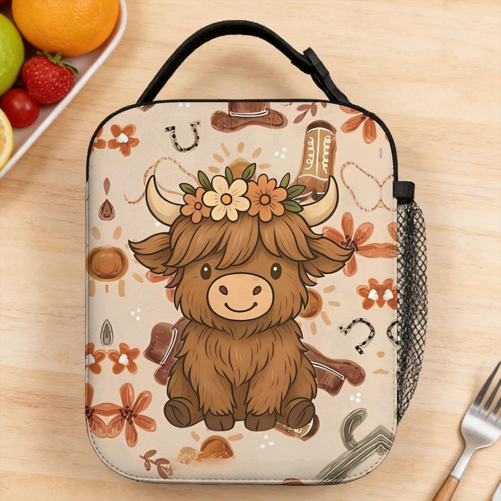 Lunch Bag Highland Cow With Flower Crown On Western Pattern Office Lunch Box For Men Vintage Portable Print Cooler Bag