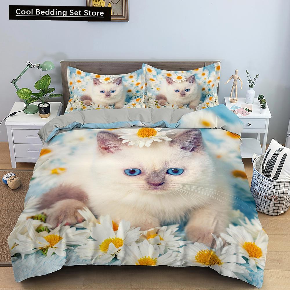 White Cat King Queen Duvet Cover Kawaii Pet Kitty Bedding Set for Kids Teens Adults Family Animal 2/3pcs Polyester Quilt Cover