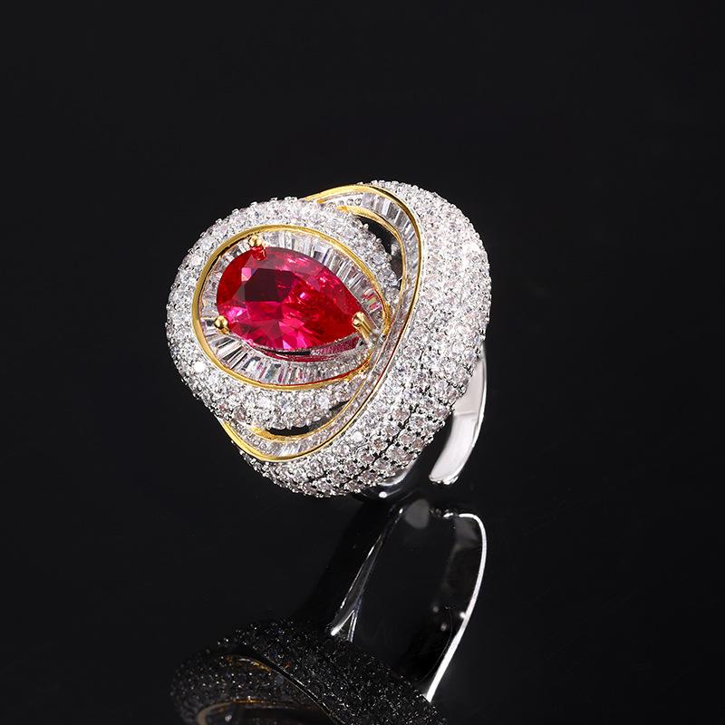 Jewelry High-End Luxury Full Diamond Ring Ruby Pigeon Blood Red Blue Pink Yellow Zirconium Women'S Pincer Ring