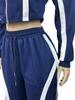 European & American Striped Patchwork Two-Piece: Zipper Lapel Top & Wide-Leg Pants Set for Women