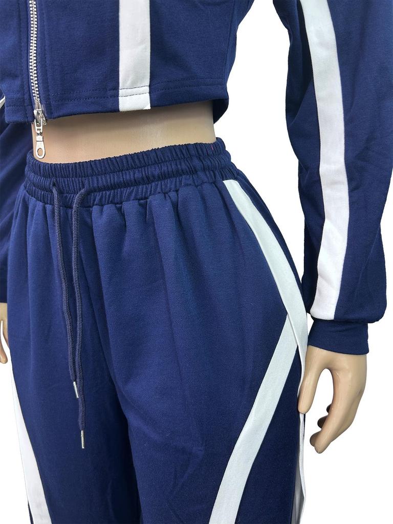 European & American Striped Patchwork Two-Piece: Zipper Lapel Top & Wide-Leg Pants Set for Women
