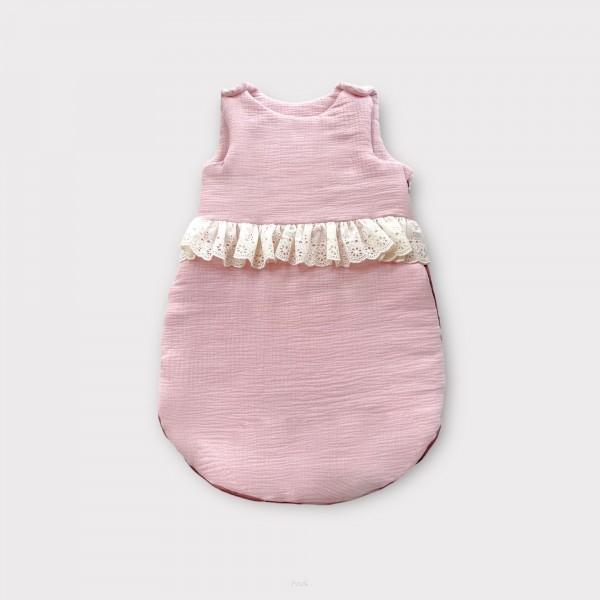 Insulated muslin sleeping bag for babies (powder pink with ruffles)