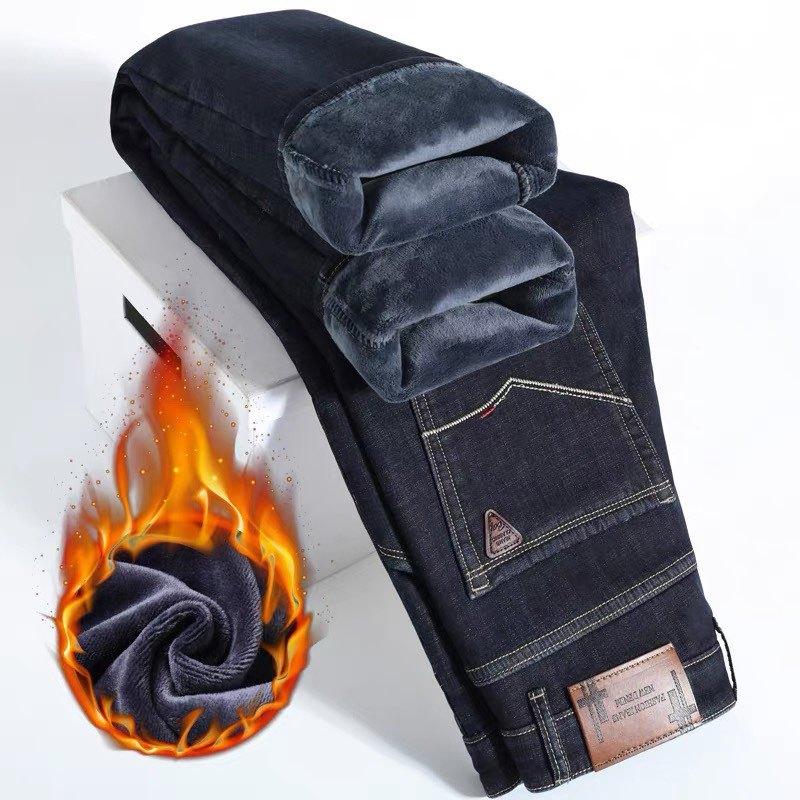 Осень и зима флис утолщенные джинсы свободные прямые брюки универсальные деловые эластичные термобрюки