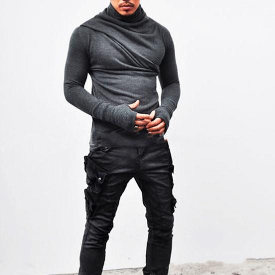 Spring Autumn Men Top Neck Protection High Collar Slim Fit Stretchy Pleated Long Sleeves Pullover