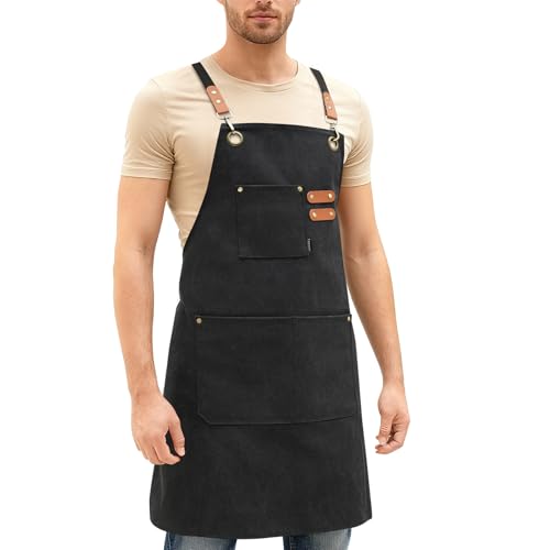 Canvas Apron: Durable Back Design with Functional Pockets - Unisex Kitchen Apron for Cooking BBQ Workshop