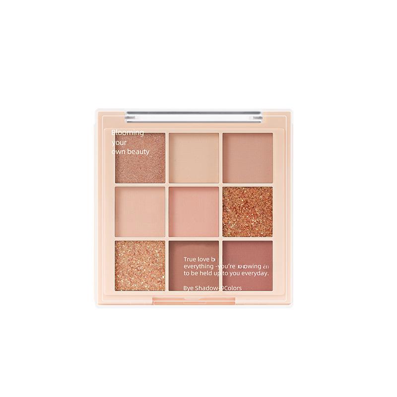 9-Color Earth Tone Eyeshadow Palette: High-Gloss, Fine Glitter, Pearlescent, Matte Finishes with a Nine-Square Grid.