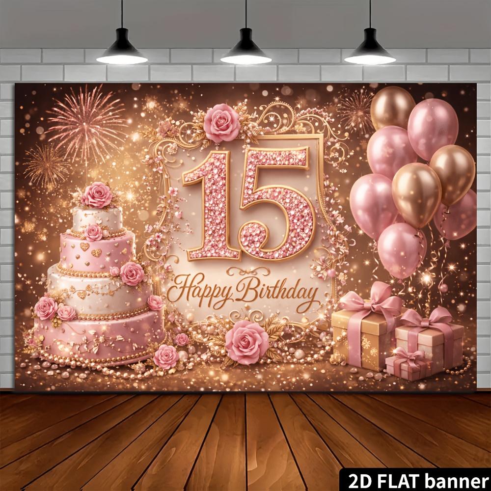 2D Plane 15th Birthday Theme Background Cloth with Settable Diamond Pink Numbers 15 Happy Birthday