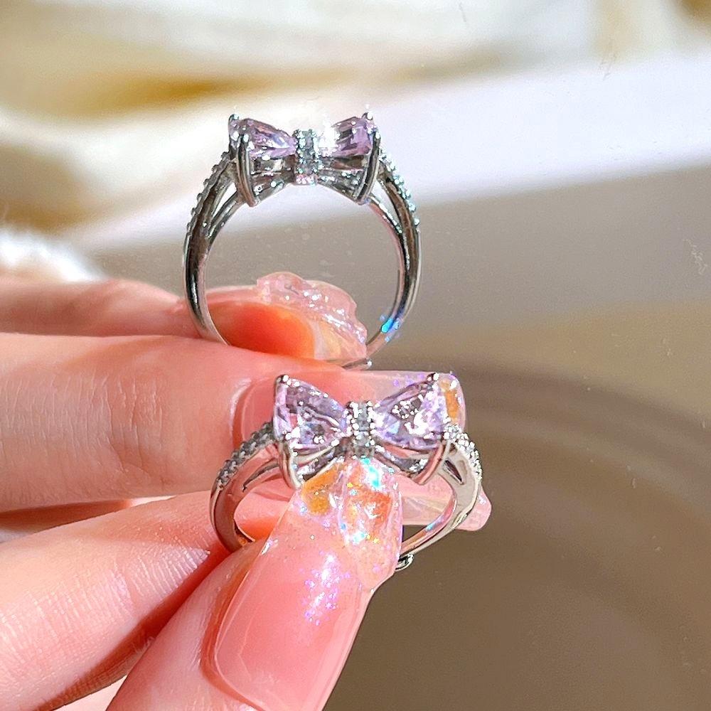 iF ME Zircon Silver Ring for Women Opening Sweet Pink Crystal Bow Heart Rings Accessories Jewelry