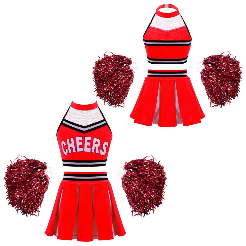 School Girls Costume Cheerleading Uniform Crop Vest Tops Pleated Skirt for Student Cosplay Party