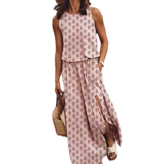 Женское платье макси без рукавов, повседневное, с круглым вырезом, эластичной талией и разрезом, длинное