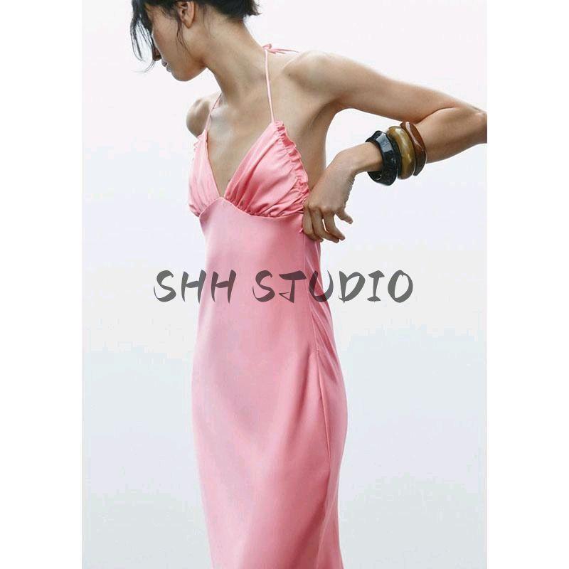 Spring New Women's Clothing Sexy V-neck Long Silk Satin Texture Hanging Collar Sling Dress 2454331