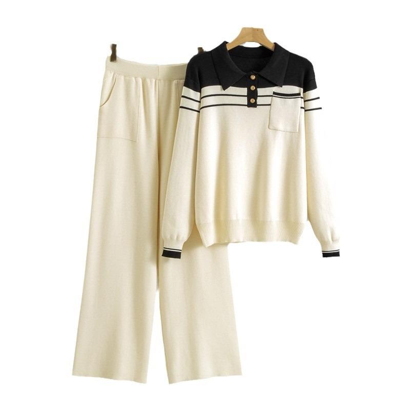 Женский свитер в полоску большого размера, весенний, новый, свободный, модный, повседневный, трикотажные брюки с широкими штанинами, комплект из двух предметов