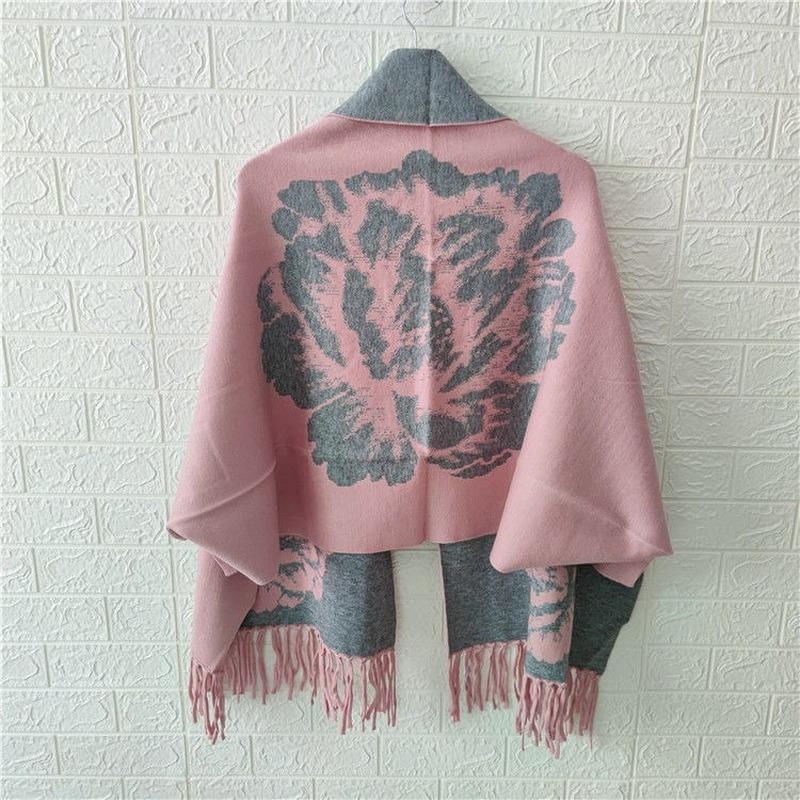 Женское пончо 2022, осенне-зимний шарф из искусственного кашемира с пионом и бахромой, двусторонняя теплая накидка с длинными рукавами, женский топ