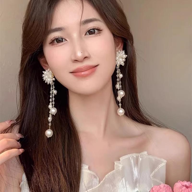 1pair Tassel Earrings Imitation Pearl Flowers Fringe Long Dangle Earrings For Women Elegant Temperament Dainty Luxury Jewelry
