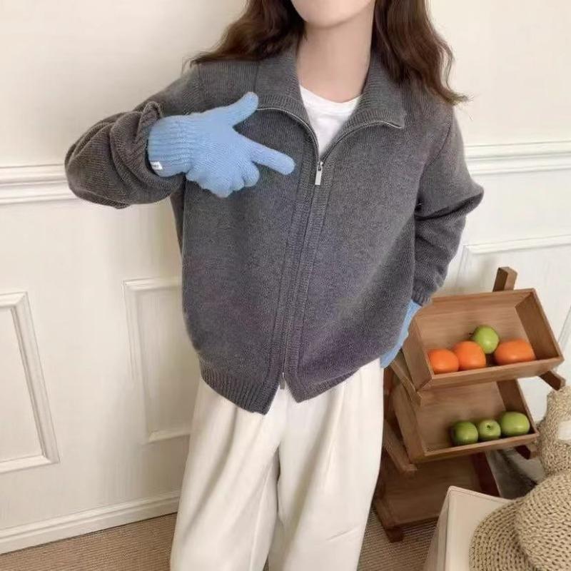 Осень и зима новый свитер на двойной молнии куртка женская толстая с воротником-стойкой повседневный дизайн короткий вязаный кардиган женский