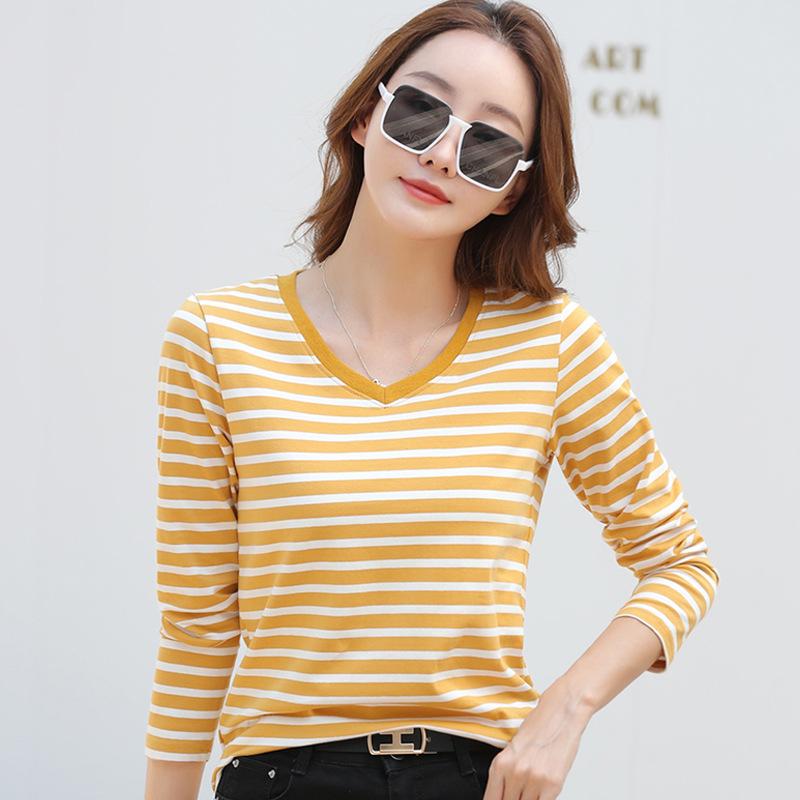 Striped V Neck T-shirt Casual Long Sleeve Top For Spring Fall Women's Clothing