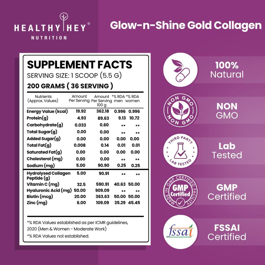 HealthyHey Skin Glow-n-Shine® Коллагеновый порошок 200 г | Гидролизованный коллаген для женщин и мужчин с гиалуроновой кислотой, биотином и витамином С для здоровой
