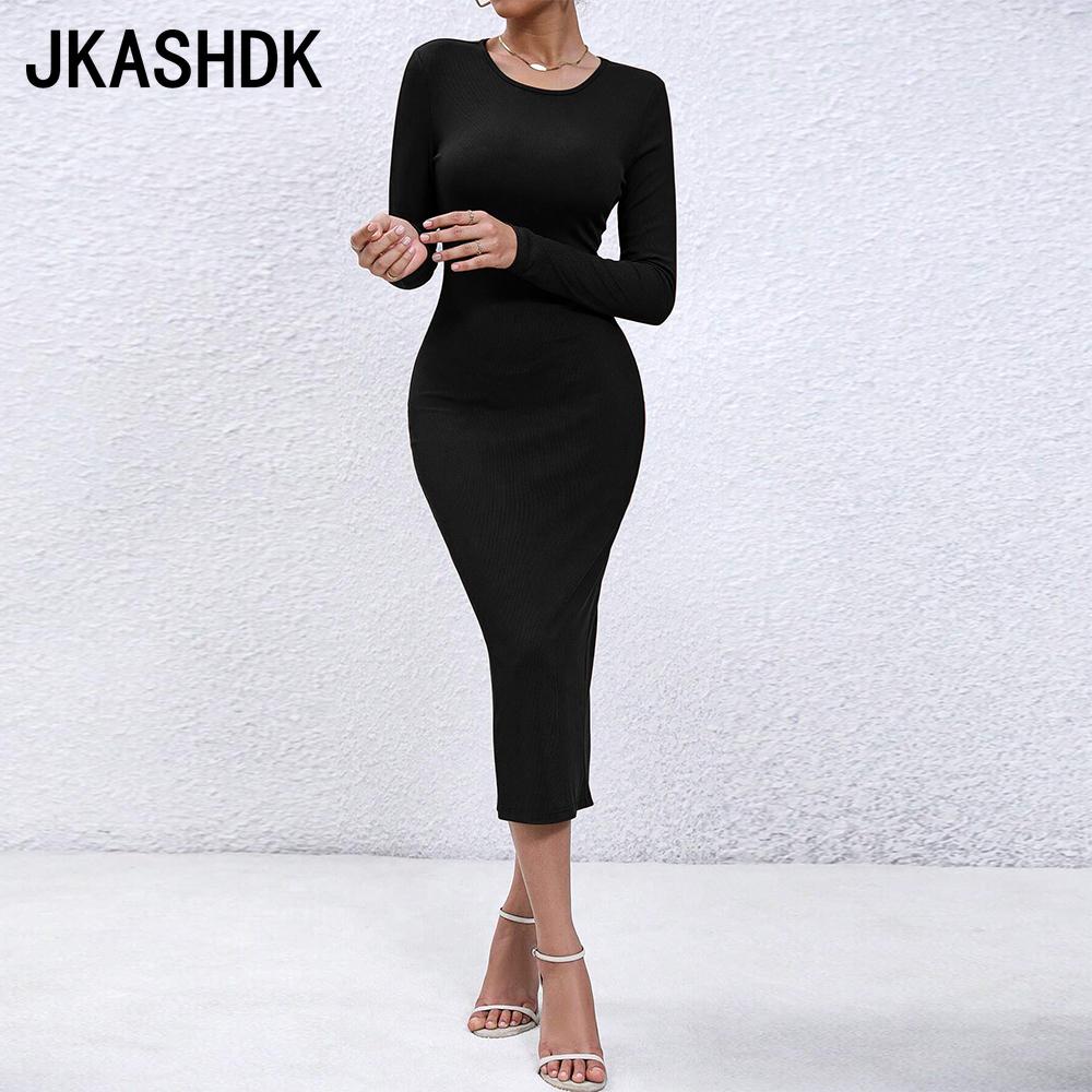 JKASHDK Женская мода осень-зима сплошной цвет печати с длинным рукавом и круглым вырезом со средней талией повседневные платья