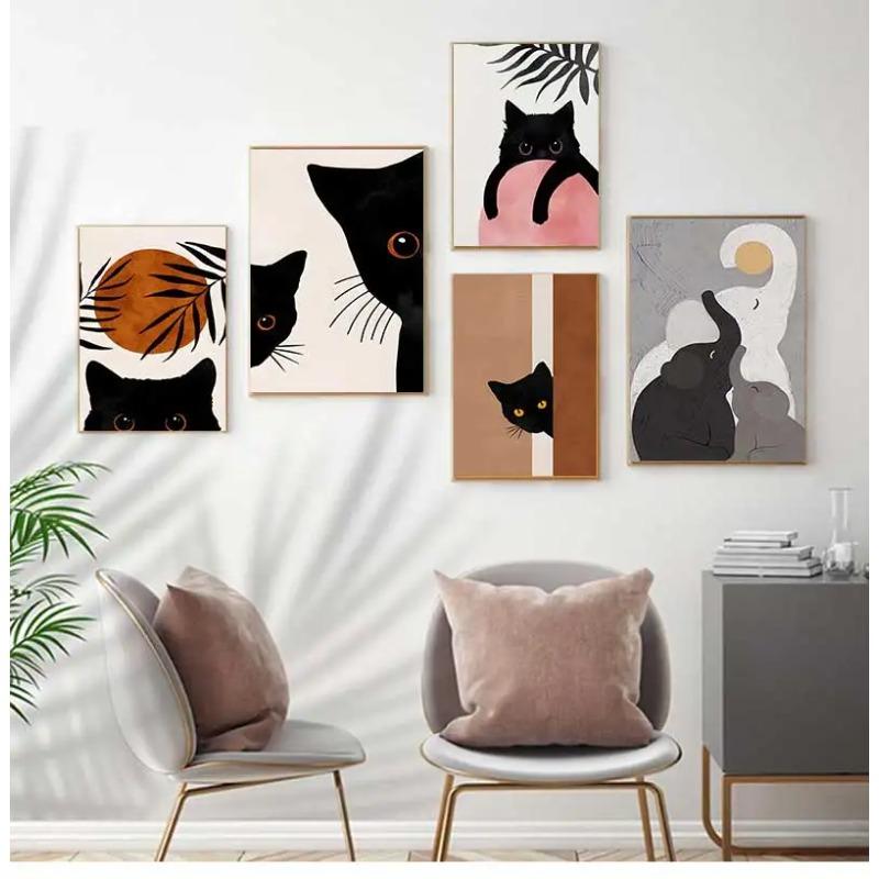 Abstract Boho Plant Leaf Cat Canvas Poster Wall Art Print Minimalist Animal Paintings for Living Room Decoration Gift