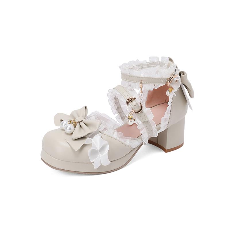 Женские туфли-лодочки в стиле Лолиты с ремешком на щиколотке, женская обувь в стиле каваи на платформе с круглым носком, на толстом среднем каблуке с пряжкой и бантом из бисера, весенне-осенняя женская обувь