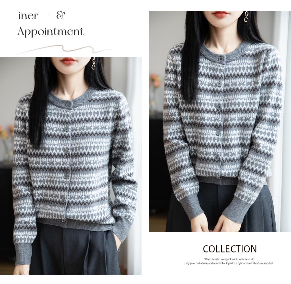 Женский ретро-кардиган из шерсти с жаккардовым узором Fair Isle, с круглым вырезом - Новый рождественский дизайн 2025