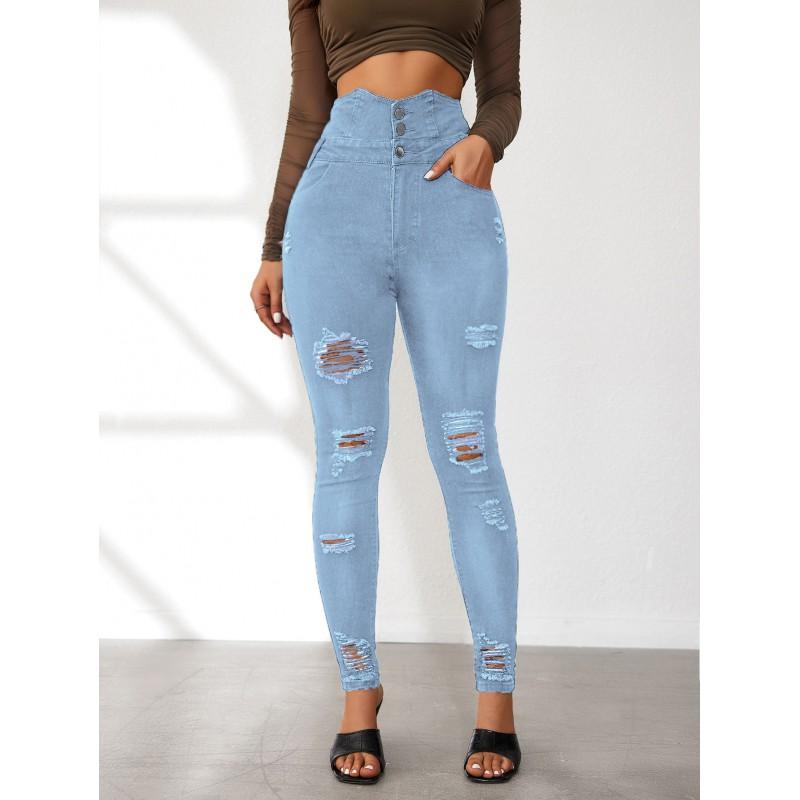 High Waist Ripped Skinny Jeans Women Stretch Denim Pants Streetwear Slim Fit Tapered Leg