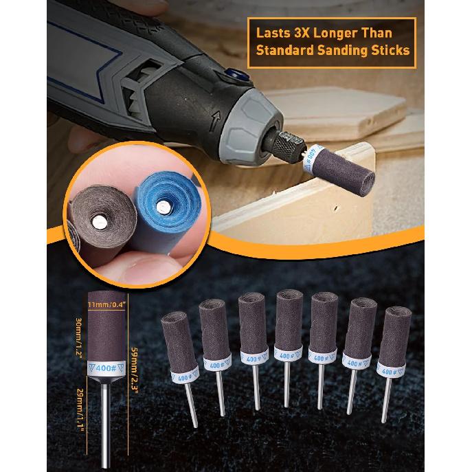 Sanding Drums Set for Dremel Rotary Tool 1/8" Shank Sandpaper Sticks 180-2000 Grits Metal Rust Removal Stone Grinding Polishing