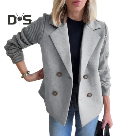 Women Coat Knitted Sleeves Patchwork Double-breasted Turn-down Collar Loose Suit Jacket Formal Business Style Sweater Coat