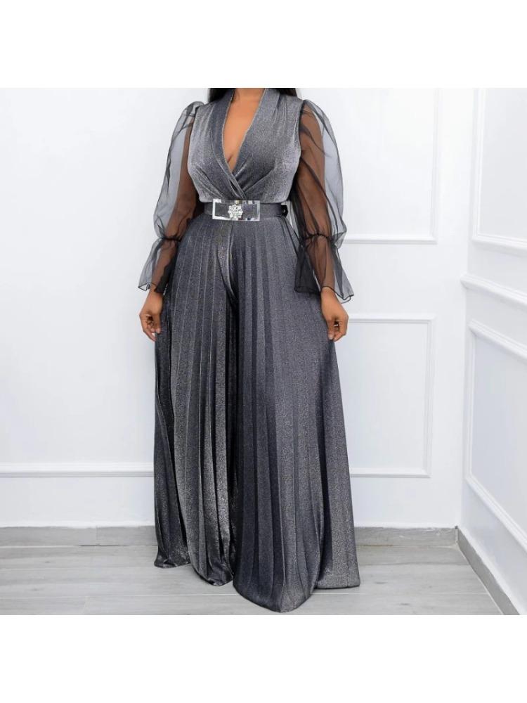 Женские бархатные комбинезоны больших размеров, прозрачные плиссированные широкие брюки с длинными рукавами, цельная одежда, винтажные элегантные вечерние комбинезоны