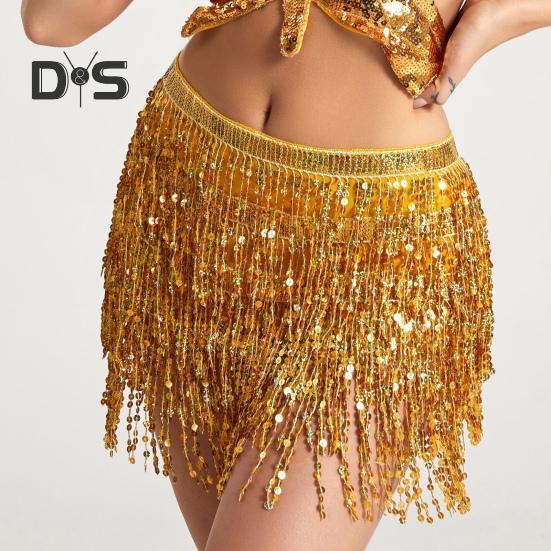 Женская юбка для танца живота с цепочкой, кисточками, пайетками, 3 слоя, на шнуровке, в стиле бохо, клубная одежда для выступлений, мини-юбка для латинских танцев, короткая юбка для тренировок, бедра, талия