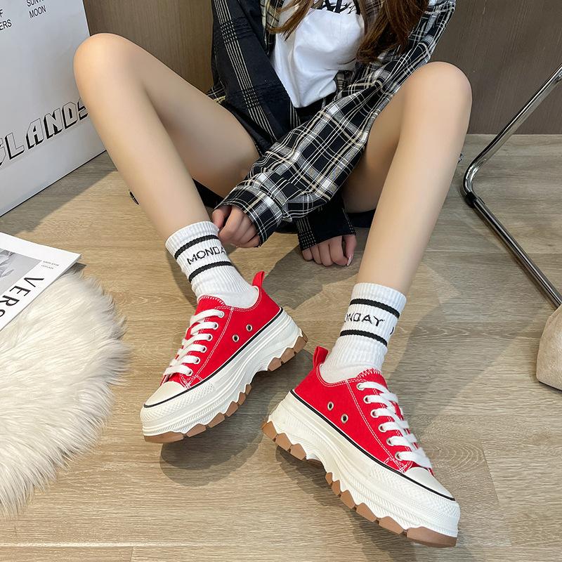 Spring New Canvas Shoes Female Hong Kong Style Fashion Small White Shoes Students Thick Bottom Canvas Shoes Sneakers Casual Ins Single Shoes