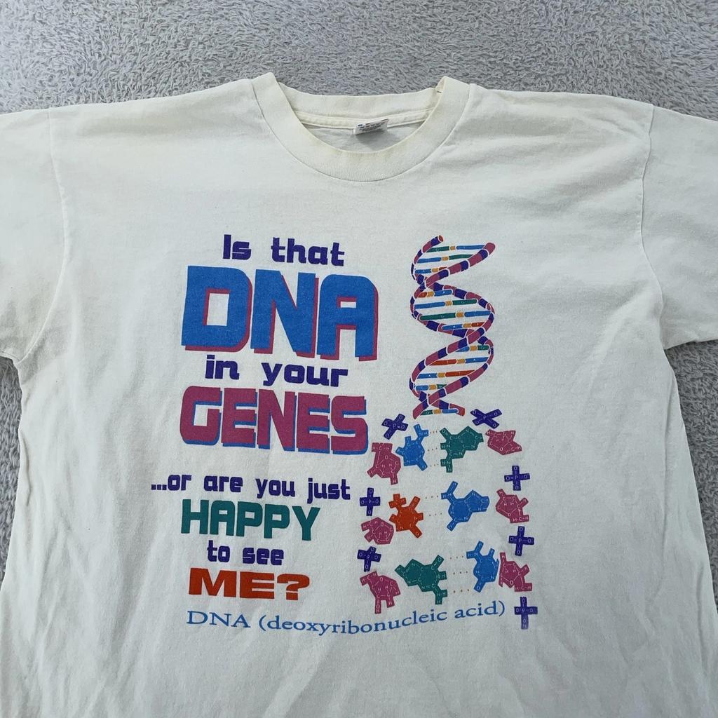 Vintage DNA In Your Genes Science Joke T-Shirt Mens Large/XL White Pun Sex 90s