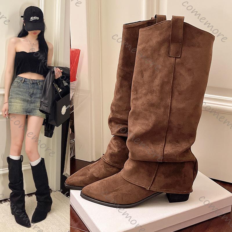 Fashion Comemore Autumn Winter Vintage Woman Knee High Boots Shoes Ladies Elegant Slip On Suede Solid Thick Heeled Long Bota Feminina