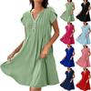 Women's Fashion V-Neck Solid Color Pullover Comfortable Casual Button Down Dresses