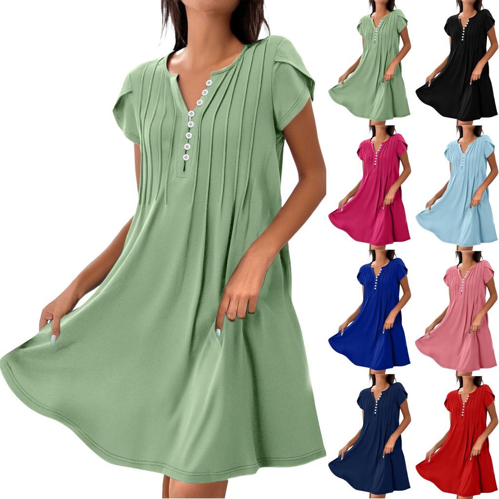 Women's Fashion V-Neck Color Pullover Comfortable Casual Button Down Dresses