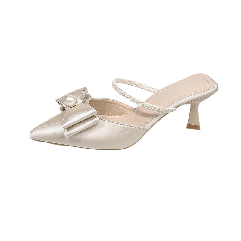 Модные жемчужные шлепанцы с бантом-бабочкой, летние новые туфли с острым носком и мелким вырезом на каблуке, устойчивом к скольжению и износу