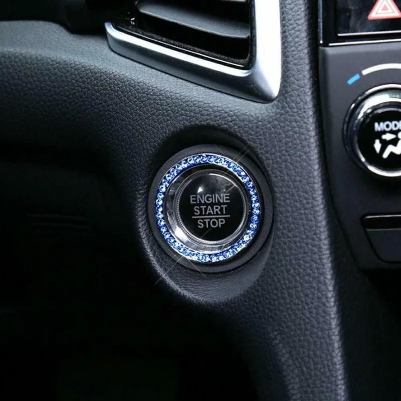 1x Auto Car SUV Decorative Silver Pink Blue Accessories Button Start Switch Diamond Ring Start Stop Button Cover Universal