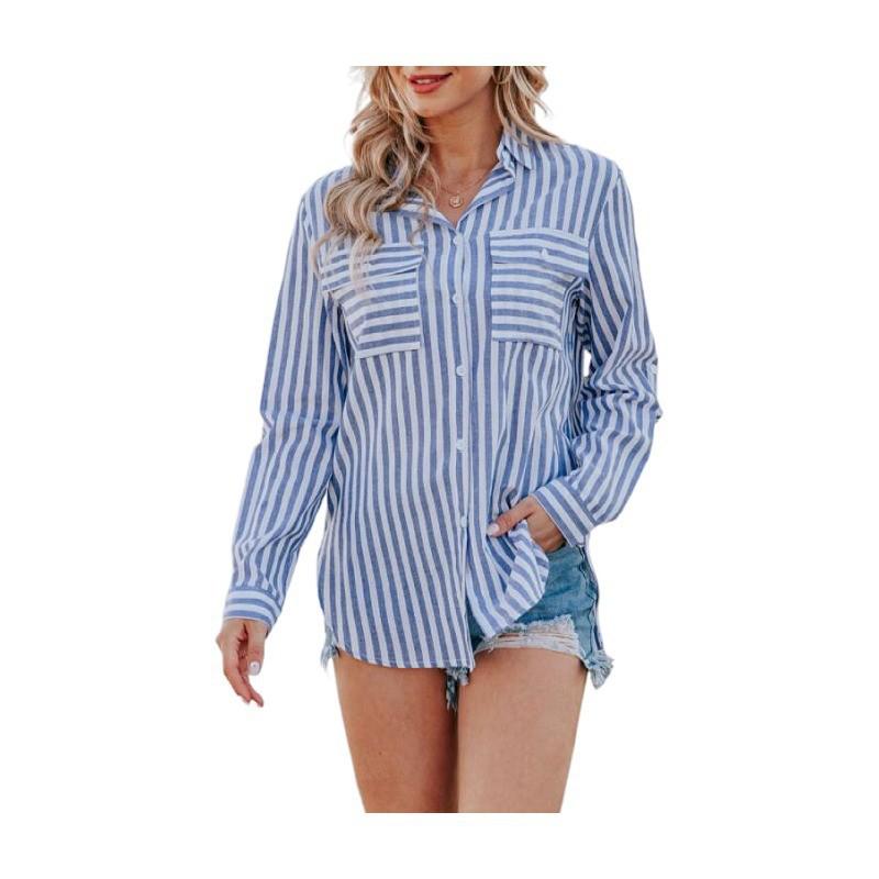 2024 Spring/Summer Women's Striped Cotton-Polyester Long-Sleeve Shirt
