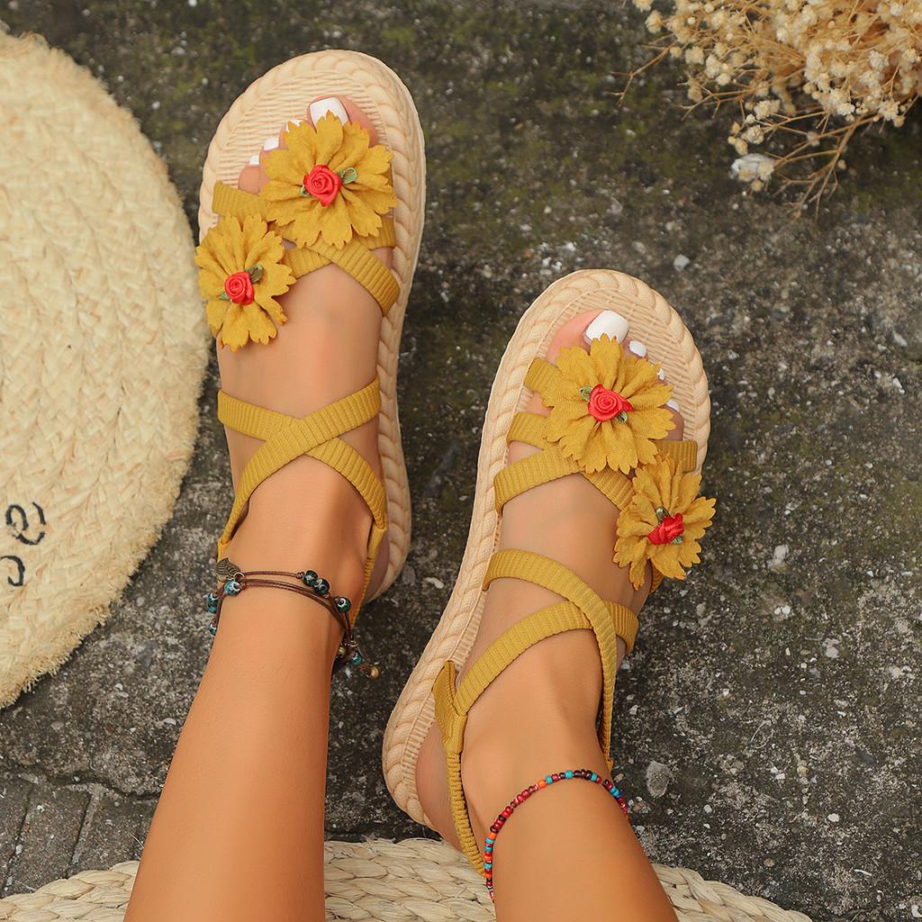 Summer Fashion Womens Cross Strappy Flower Sandals Eva Sole For Casual Wear