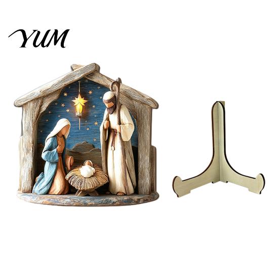 Stable Standing Manger Art Nativity Scene Wooden Tabletop Sign, Christmas Holy Family Figurine Decor, Durable Wood Set Religious Xmas Desktop