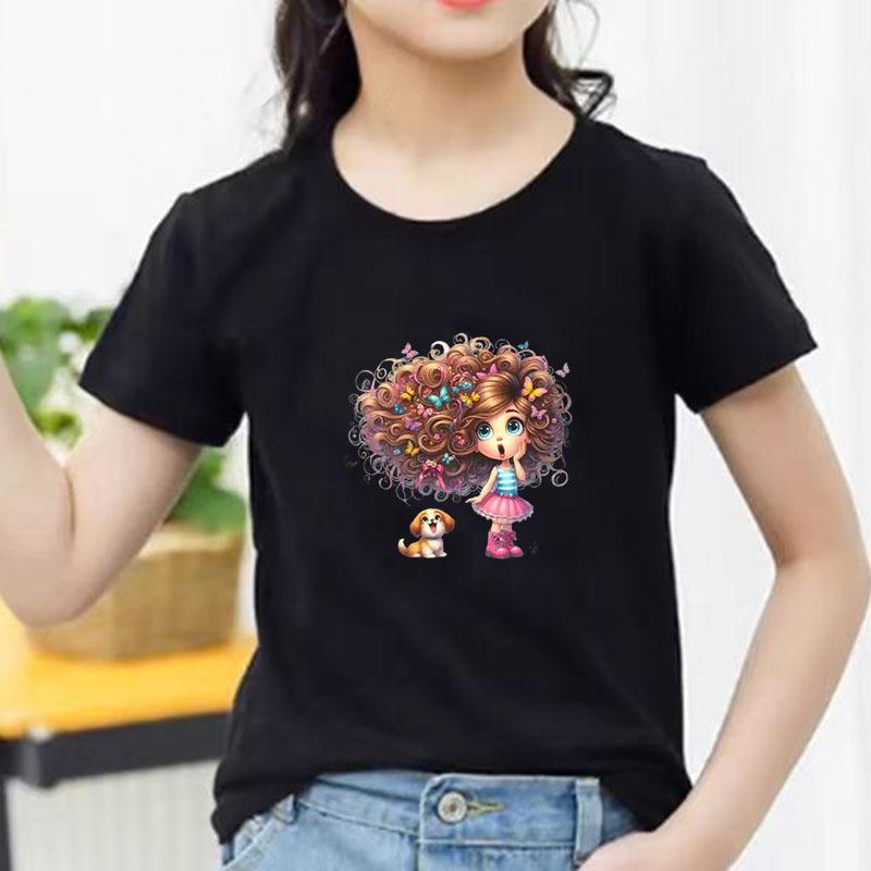 Kids Cotton T Shirt Girl With Floral Hair And Puppy Dog Print Crew Neck Short Sleeve Tee Casual Boys Girls Summer Tops